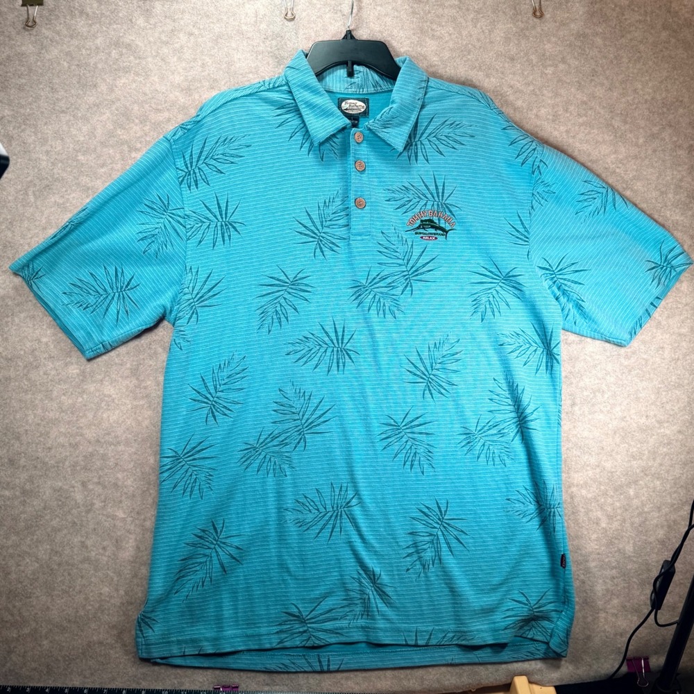 Tommy Bahama Polo Shirt Large Blue Palm Leaf Print Relax Bungalow RN 86549